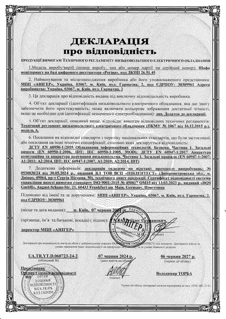 Декларація про відповідність шафи ІДК Regina