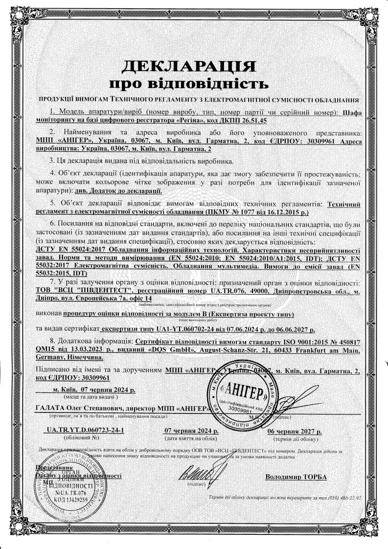 Декларація про відповідність шафи ІДК Regina